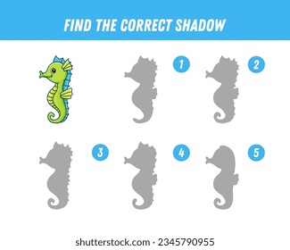 Find correct shadow of cute sea horse. Educational logical game for kids. Cartoon seahorse. Vector illustration