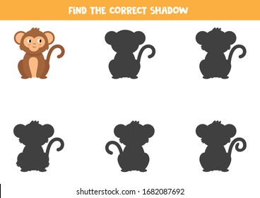 Find the correct shadow of cute smiling monkey. Printable worksheet for kids.