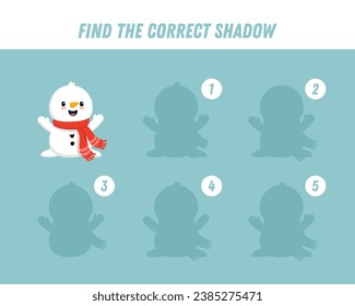 Find correct shadow of cute snowman. Educational logical game for kids. Christmas game. Cartoon funny snowman. Vector