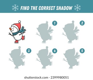 Find correct shadow of cute snowman. Educational logical game for kids. Christmas game. Cartoon snowman is skating. Vector illustration