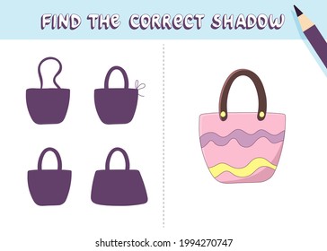 Find the correct shadow. Cute summer bag. Educational game for kids. Collection of children's games. Vector illustration in cartoon style