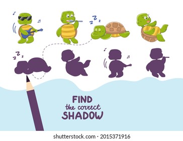 Find the correct shadow. Cute turtle character. Educational game for kids. Collection of children's games. Vector illustration in cartoon style