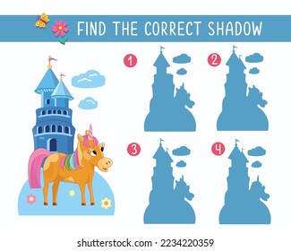 Find correct shadow. Cute unicorn and landscape with castle and towers. Puzzle game for children in cartoon style. Activity, vector illustration.