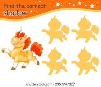 Find the correct shadow. Cute unicorn and yellow shadows. Educational matching game for children with cartoon character. Activity, logic game, learning card with task for kids, vector illustration