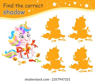 Find the correct shadow. Cute unicorn with gift and orange shadows. Educational matching game for children with cartoon character. Activity, logic game, learning card with task, vector illustration