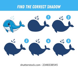 Find correct shadow of cute whale. Educational logical game for kids. Cartoon whale. Vector