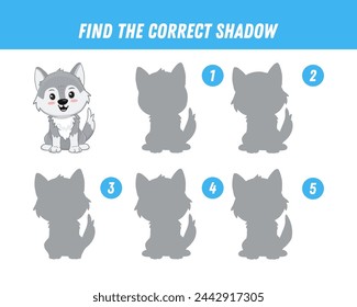 Find correct shadow of cute wolf. Educational logical game for kids. Cartoon gray wolf cub. Vector