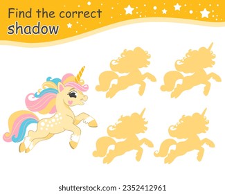 Find the correct shadow. Cute yellow unicorn with a rainbow mane. Educational matching kids game with cartoon character. Activity, logic game, learning card with task for kids, vector illustration