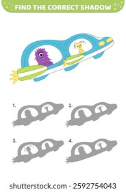Find the correct shadow. Cyan spaceship and monsters. Shadow game. Cartoon. Isolated vector illustration eps 10