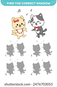 Find the correct shadow. Dancing kittens. Shadow matching game. Cartoon. Isolated vector illustration eps 10
