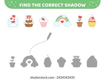 Find the correct shadow. Desserts on Valentines day. Shadow matching game. Cartoon. Isolated vector illustration eps 10