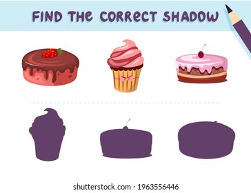 Encuentra la sombra correcta. Postres. Pastel dulce y bizcocho. Juego educativo para los niños. Colección de juegos para niños. Ilustración vectorial en estilo de caricatura