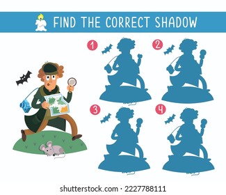 Find correct shadow. Detective with magnifying glass and map. Puzzle game for children. Activity, vector illustration.