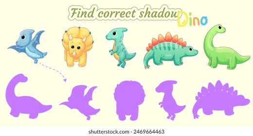Find the correct shadow of the different dinosaurs.Educational matching game for children. Cartoon vector illustration.	
