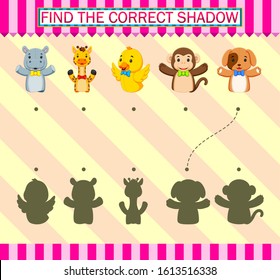 Find the correct shadow. Different fingers puppet of illustration
