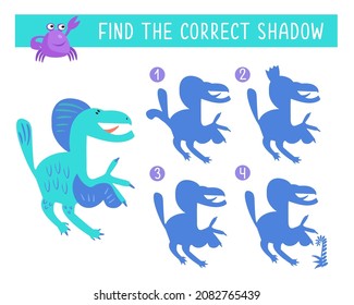 Find the correct shadow. Dino in Jurassic forest. Game for children. Activity, vector illustration.