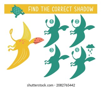 Find the correct shadow. Dino in Jurassic forest. Game for children. Activity, vector illustration.