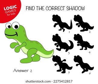 Find the correct shadow Dinosaur. Cute cartoon dinosaur T-Rex. Educational matching game with cartoon character. Logic Games for Kids with answer. Learning card with task for child preschool 