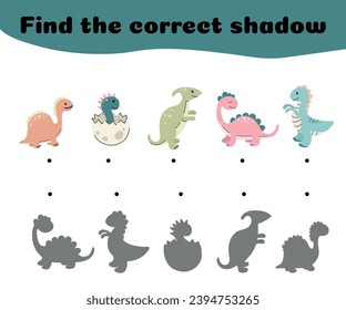 Encuentra la sombra correcta de los dinosaurios. Papel infantil juguete educativo con dibujos animados tiernos. Desarrollando juego, dinos caracteres y sombras, hoy en día plantilla vectorial