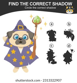 Encuentra la sombra correcta de un perro con disfraz de Halloween. Coincide la imagen con la sombra. Hoja de trabajo para niños. Hoja de cálculo imprimible educativa. Archivo de ilustración del vector.