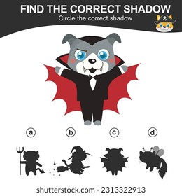 Encuentra la sombra correcta de un perro con disfraz de Halloween. Coincide la imagen con la sombra. Hoja de trabajo para niños. Hoja de cálculo imprimible educativa. Archivo de ilustración del vector.