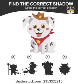 Encuentra la sombra correcta de un perro con disfraz de Halloween. Coincide la imagen con la sombra. Hoja de trabajo para niños. Hoja de cálculo imprimible educativa. Archivo de ilustración del vector.