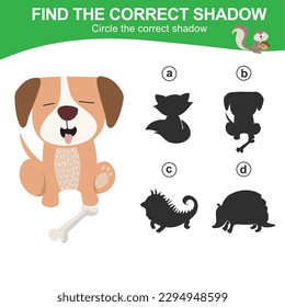 Encuentra la sombra correcta del perro. Juego de sombra para animales para niños. Hoja de trabajo para niños. Hoja de cálculo imprimible educativa. Archivo de ilustración del vector.