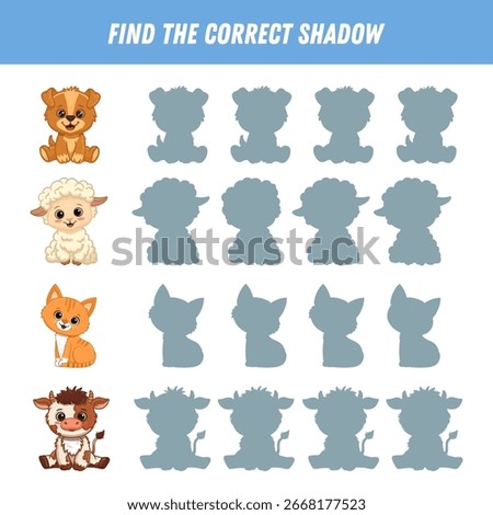 Find the correct shadow of the dog, sheep, cat, cow. Educational logic game for children. Cute animal cartoon characters. Vector
