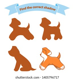 Find the correct shadow dog.Educational game for children cute puppy.Flat illustration vector. A game concept for kindergarten, elementary school.