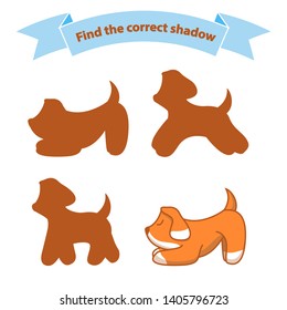 Find the correct shadow dog.Educational game for children cute puppy.Flat illustration vector. A game concept for kindergarten, elementary school.