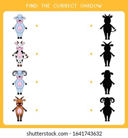 Find the correct shadow for domestic animals. Vector worksheet of simple educational game for kids