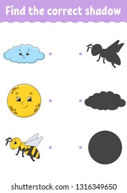 Find the correct shadow. Draw a line. Education developing worksheet. Game for kids. Activity page. Puzzle for children. Riddle for preschool. Isolated vector illustration. Cartoon style
