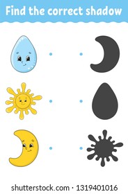 Find the correct shadow. Draw a line. Education developing worksheet. Game for kids. Activity page. Puzzle for children. Riddle for preschool. Isolated vector illustration. Cartoon style