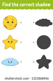 Find the correct shadow. Draw a line. Education developing worksheet. Game for kids. Activity page. Puzzle for children. Riddle for preschool. Isolated vector illustration. Cartoon style