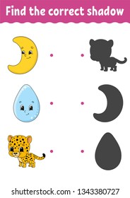 Find the correct shadow. Draw a line. Education developing worksheet. Game for kids. Activity page. Puzzle for children. Riddle for preschool. Isolated vector illustration. Cartoon style
