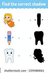 Find the correct shadow. Draw a line. Education developing worksheet. Game for kids. Activity page. Puzzle for children. Riddle for preschool. Isolated vector illustration. Cartoon style
