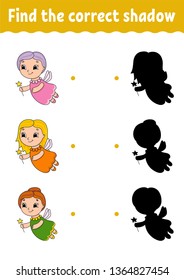 Find the correct shadow. Draw a line. Education developing worksheet. Game for kids. Activity page. Puzzle for children. Riddle for preschool. Isolated vector illustration. Cartoon style