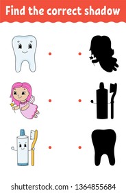 Find the correct shadow. Draw a line. Education developing worksheet. Game for kids. Activity page. Puzzle for children. Riddle for preschool. Isolated vector illustration. Cartoon style