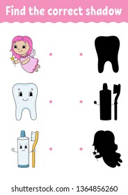 Find the correct shadow. Draw a line. Education developing worksheet. Game for kids. Activity page. Puzzle for children. Riddle for preschool. Isolated vector illustration. Cartoon style