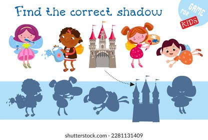 Find correct shadow. Draw lines - connect pairs. Puzzle for kids. Activity, vector illustration. Cute fairies with wings and castle.