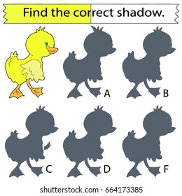 Find the correct shadow. Duckling. Educational game for children. Vector illustration.
