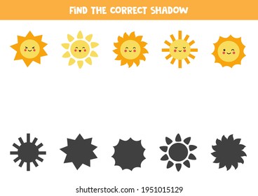 Find the correct shadow of each cute kawaii sun. Educational logical game for kids.