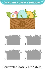 Find the correct shadow. Easter eggs in wooden box. Shadow matching game. Cartoon. Isolated vector illustration eps 10