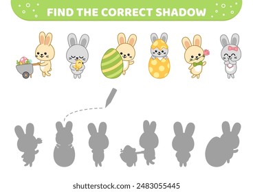 Find the correct shadow. Easter game with bunnies. Shadow matching game. Cartoon. Isolated vector illustration eps 10