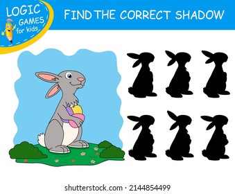 Find The Correct Shadow. Easter Rabbit Eggs Isolated On Colorful Background. Cute Cartoon Rabbit. Educational Matching Game. Logic Games For Kids. Learnig Card With Funny Bunny. Task With Answer.