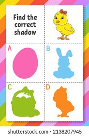 Find the correct shadow. Easter theme. Education developing worksheet for kids. Puzzle game. Activity page. cartoon character. Vector illustration.