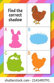 Find the correct shadow. Easter theme. Education developing worksheet for kids. Puzzle game. Activity page. cartoon character. Vector illustration.