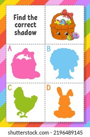Find the correct shadow. Easter theme. Education developing worksheet for kids. Puzzle game. Activity page. cartoon character. Vector illustration.