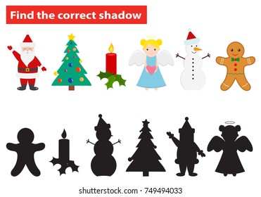 Find the correct shadow, education Christmas game for children. Funny cartoon characters.