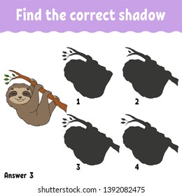 Find the correct shadow. Education developing worksheet. Matching game for kids. Activity page. Puzzle for children. Riddle for preschool. Cute character. Isolated vector illustration. Cartoon style.